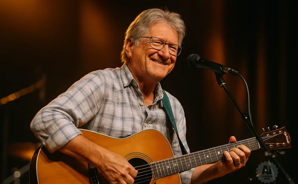 A smiling man with gray hair and glasses plays an acoustic guitar into a microphone.