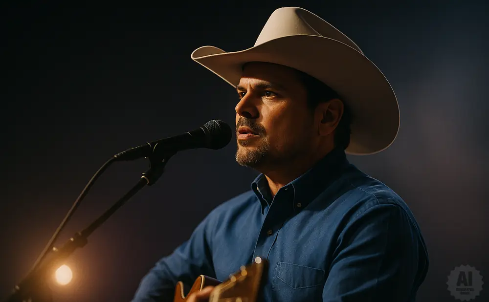 A man in a cowboy hat sings into a microphone while playing an acoustic guitar.