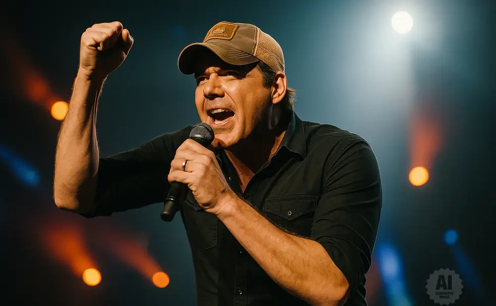 A man in a cap sings into a microphone with his fist raised, bathed in stage lights.