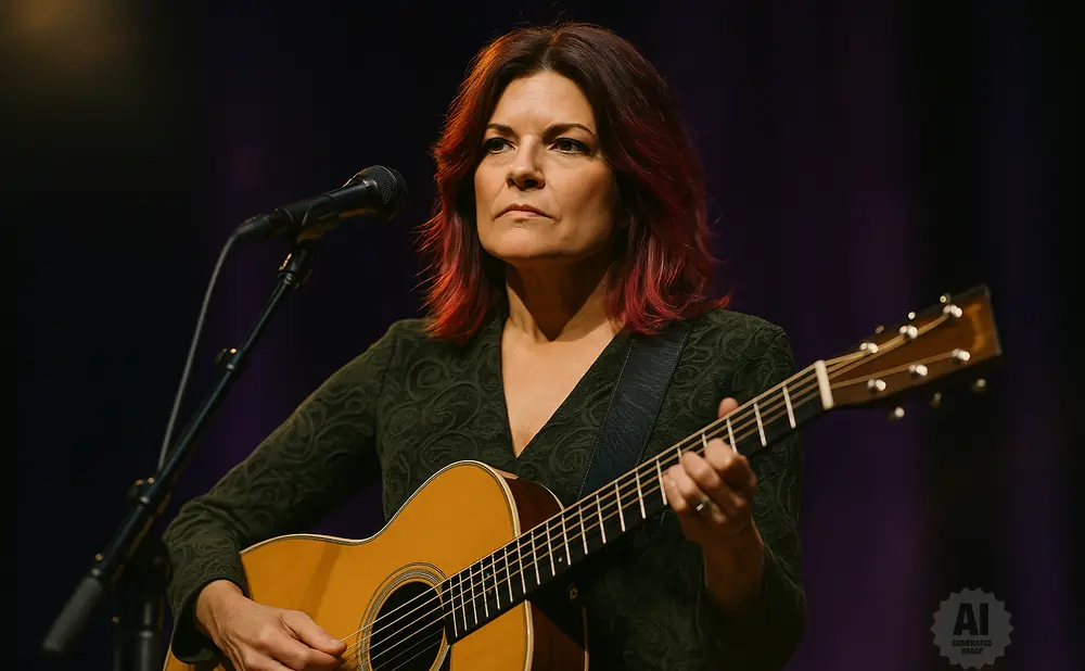 A woman with red-streaked hair plays an acoustic guitar on stage, singing into a microphone.
