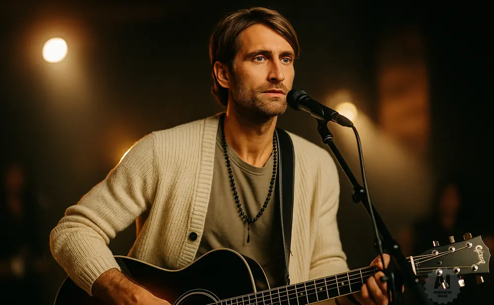 A man plays an acoustic guitar and sings into a microphone on a dimly lit stage.