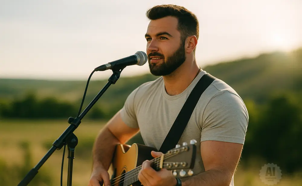 Man with beard plays guitar and sings into a microphone outdoors during sunset.