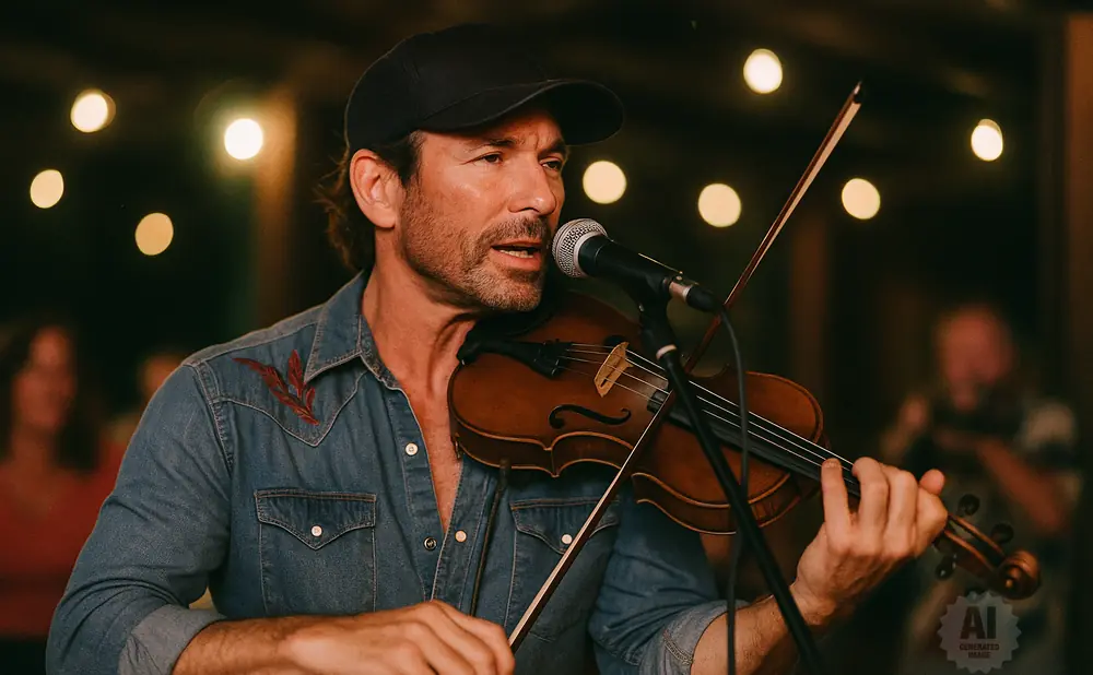 Man wearing a baseball cap and denim shirt plays the violin into a microphone, with blurred lights in the background.