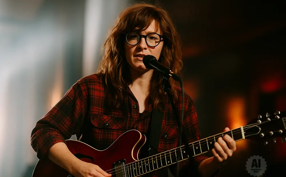 A woman with glasses and red plaid shirt plays an electric guitar while singing into a microphone.