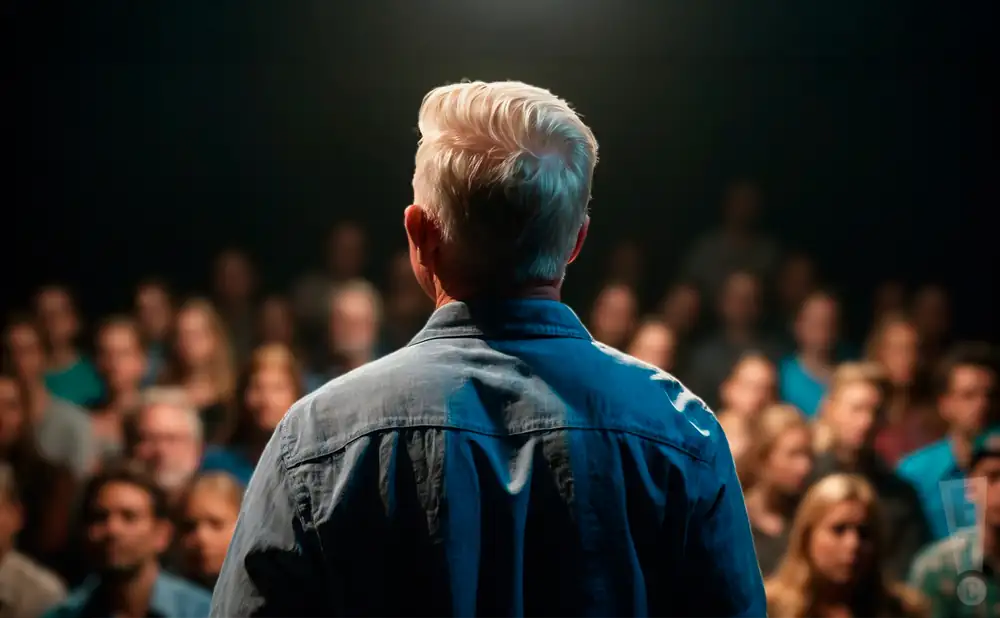 a rear view photo of shawn mullins performing a concert on stage to a lively audience