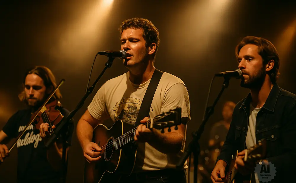 A band performing on stage with two guitarists and a violinist playing under warm stage lights.