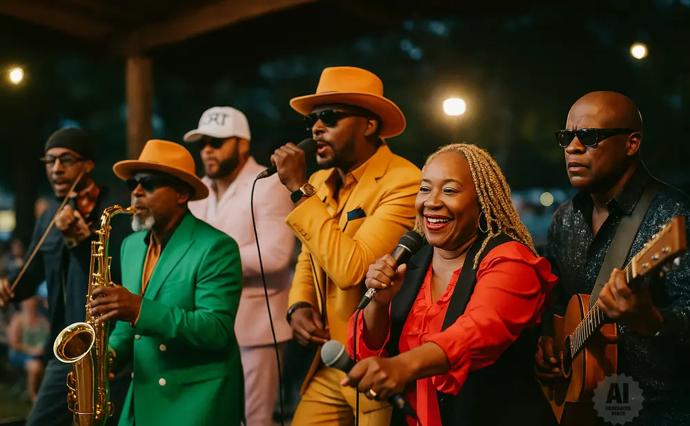 A band performs outdoors: a saxophonist in green, two singers in yellow and red, and a guitarist in black.