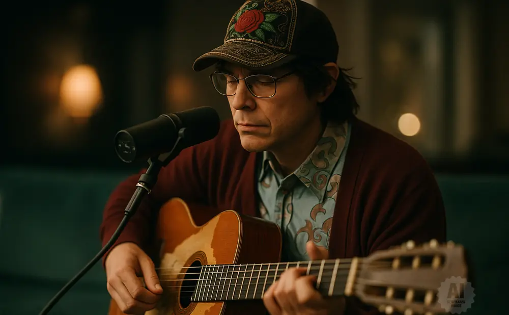 Man wearing a baseball cap and glasses plays an acoustic guitar in front of a microphone.