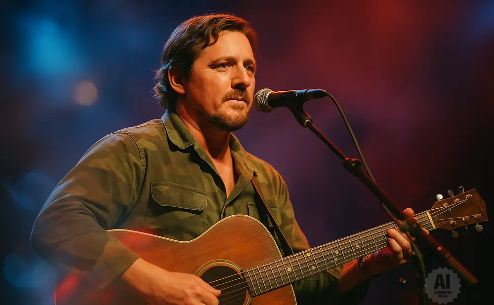 A man plays an acoustic guitar and sings into a microphone on a stage with blue and red lighting.