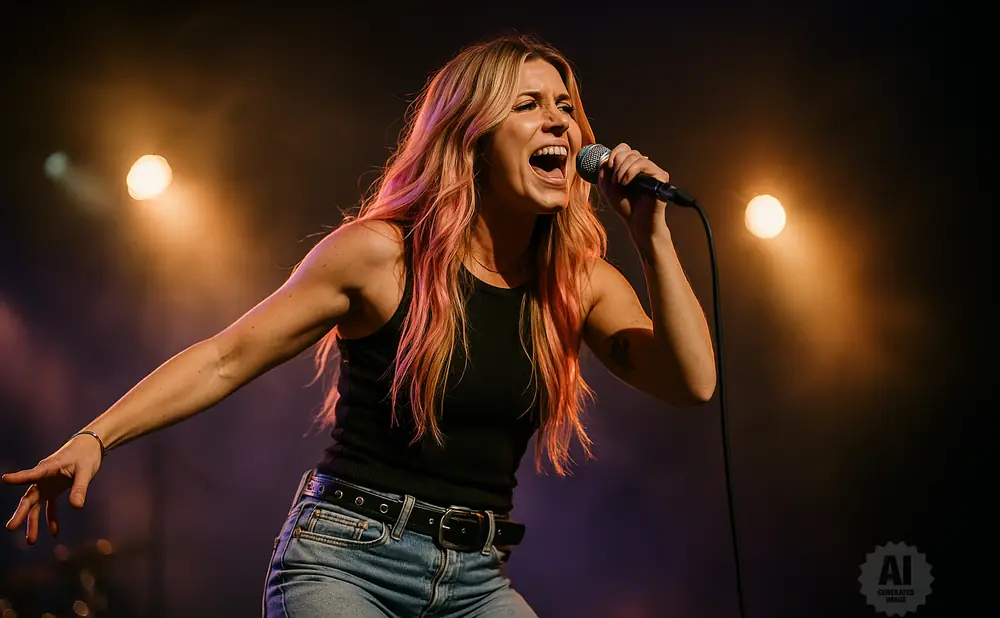 Singer with blonde hair and pink streaks, wearing a black tank top and jeans, performing into a microphone on stage.