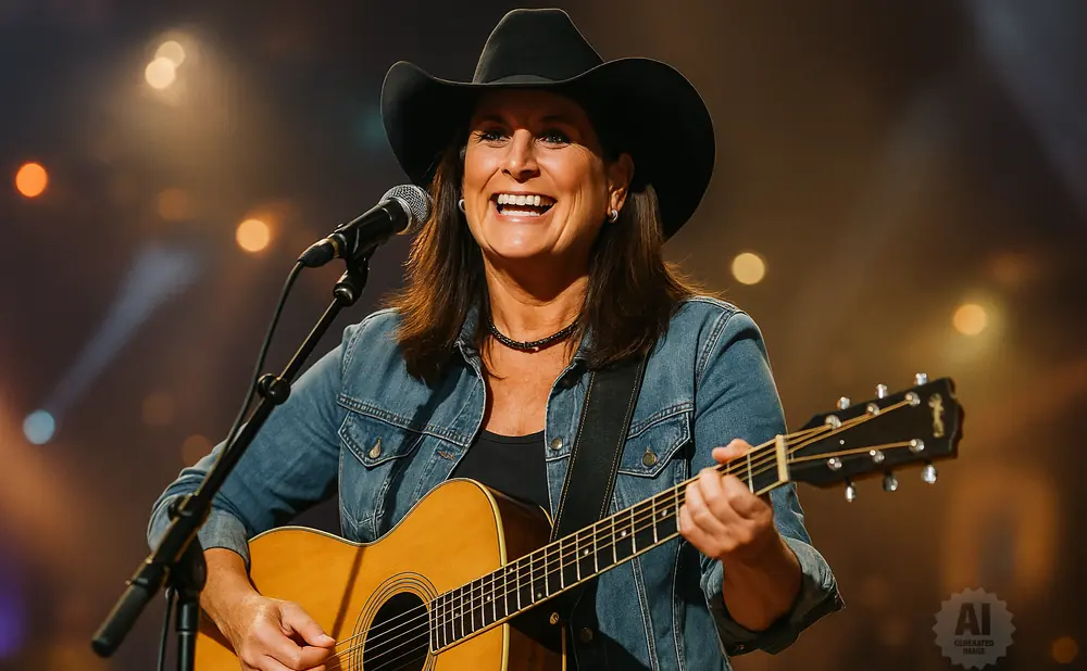 A woman in a cowboy hat and denim jacket sings and plays an acoustic guitar on stage.