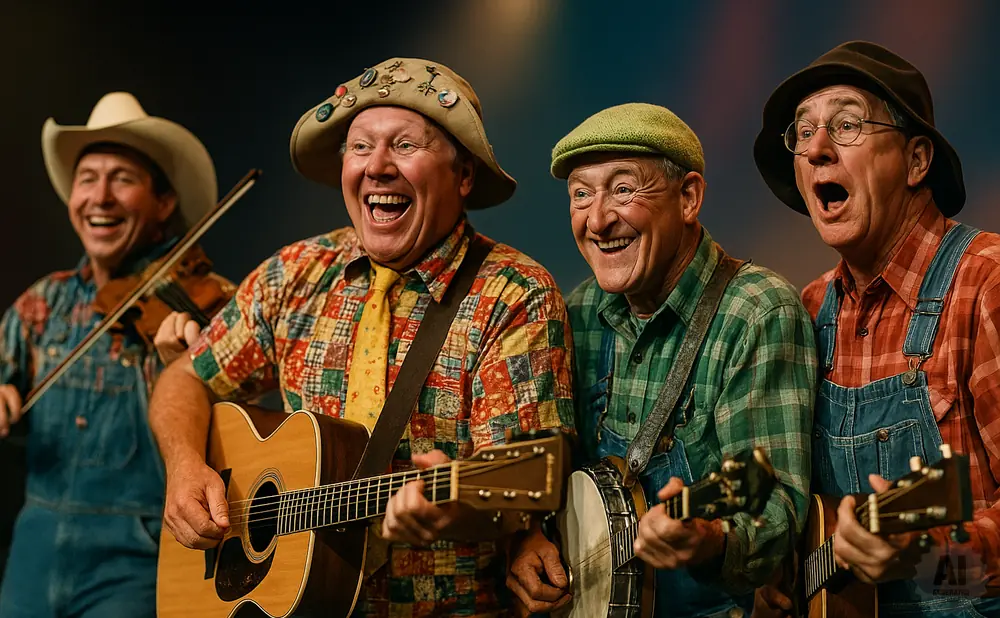 A band of four men in overalls and hats play instruments, smiling at the camera.