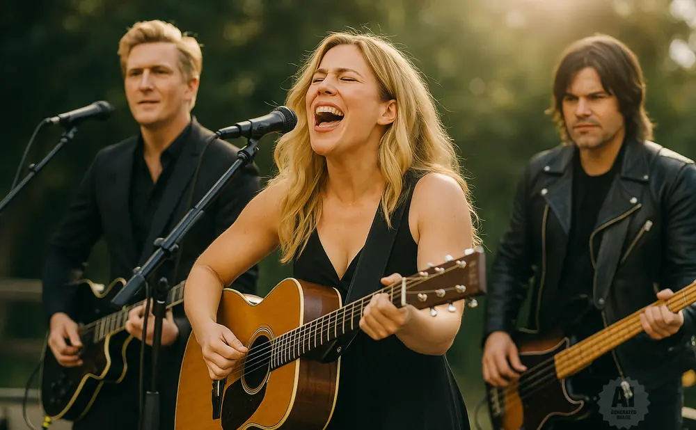 A female singer passionately plays acoustic guitar, flanked by a guitarist and bassist.