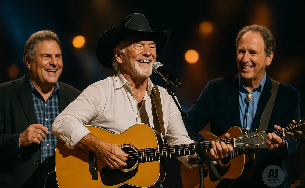 Country musicians perform on stage, with a man in a cowboy hat playing guitar and singing.