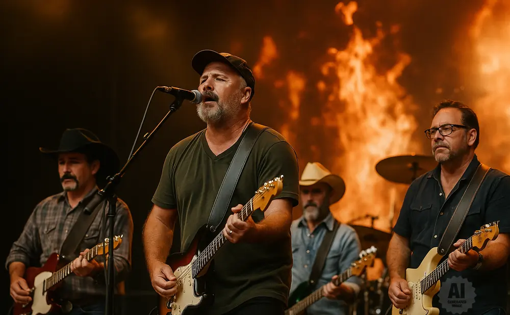 Band members playing guitars on stage with a fiery background.