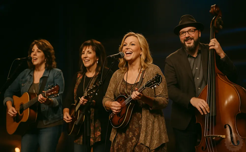 A band performs on stage with two women singing and playing guitars, one woman playing a mandolin, and a man playing a double bass.