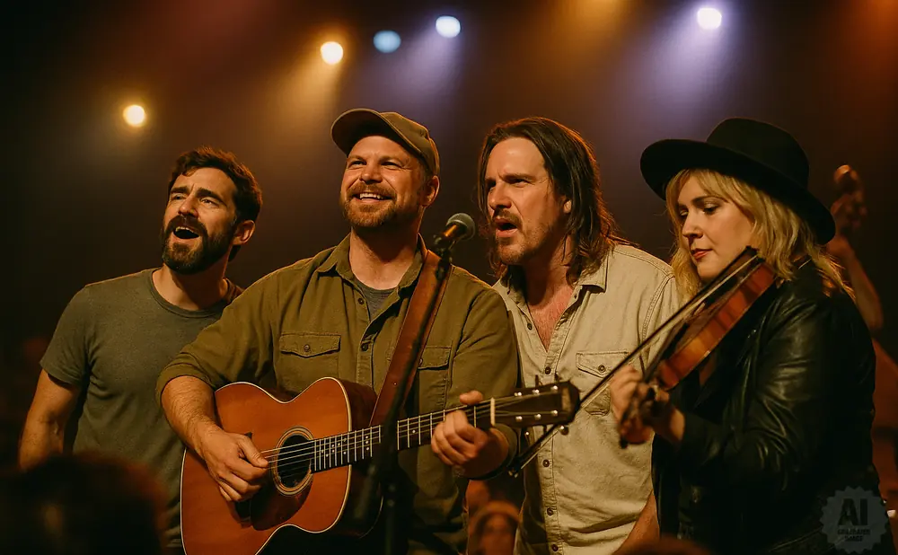 A band performs on stage with a guitarist, singer, and violinist.