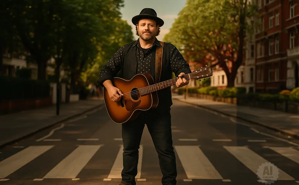 Man with guitar standing on Abbey Road crosswalk, wearing a hat and black shirt.