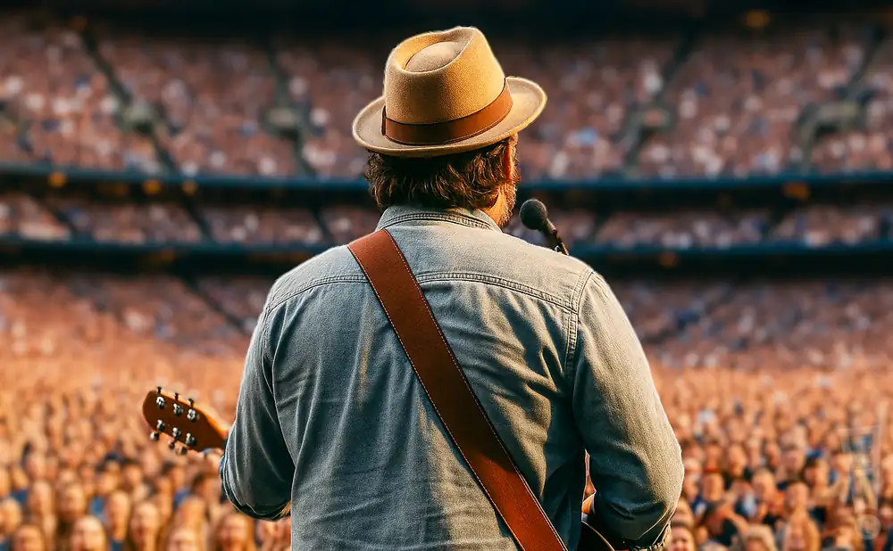 a rear view image of the guitarist and singer jason walsmith from the folk band the nadas performing live on stage