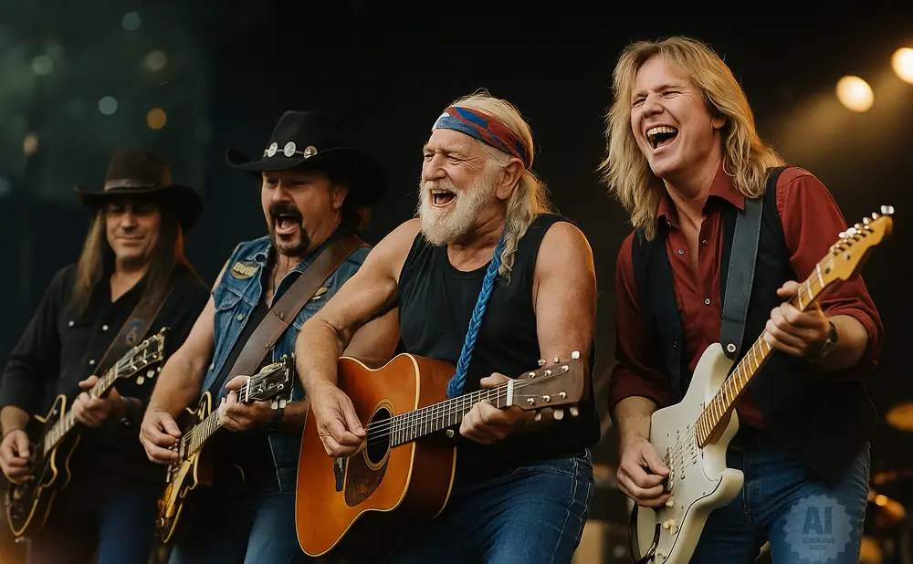 A country band plays guitars on stage, with one member wearing a cowboy hat and another a bandana.