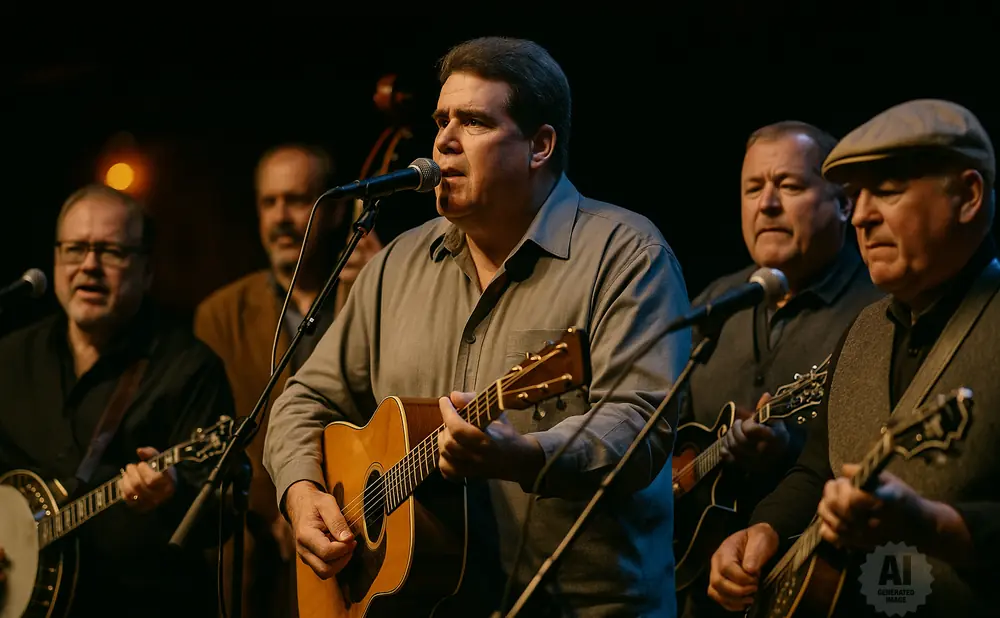A band of men perform music on stage, playing guitars, banjos, and mandolins.