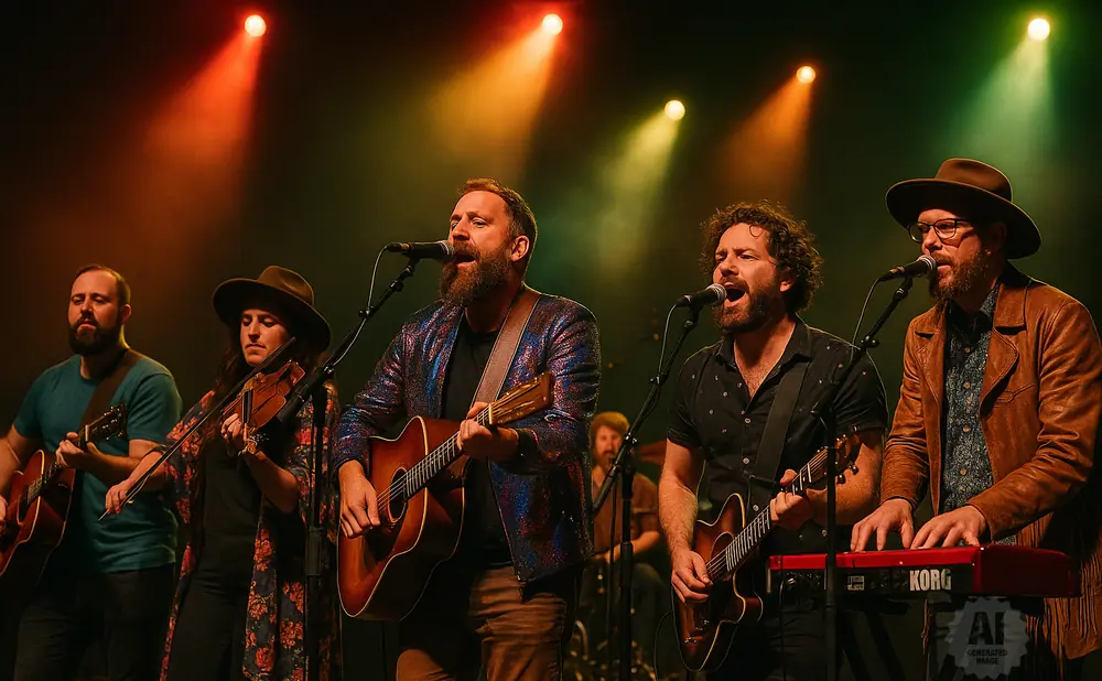 A band performs on stage, with musicians playing guitars, violin, and keyboard under dramatic lighting.