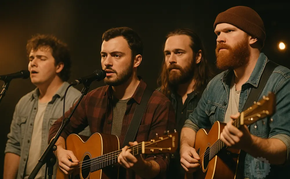 Four men playing guitars and singing into microphones on stage.
