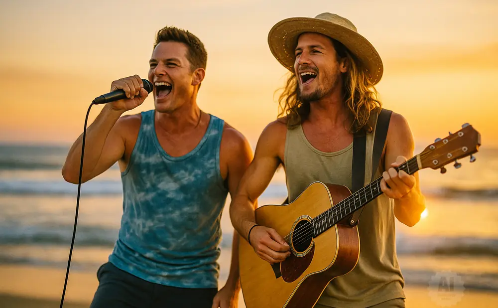 Two men singing and playing guitar on a beach at sunset.