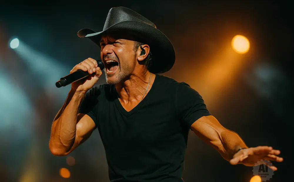 Country singer Tim McGraw in a black cowboy hat and t-shirt sings into a microphone on stage.