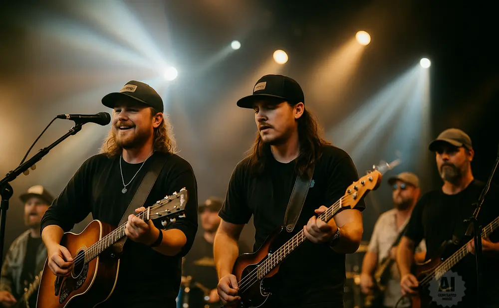 Musicians performing on stage under bright lights. Two men in the foreground play guitars.