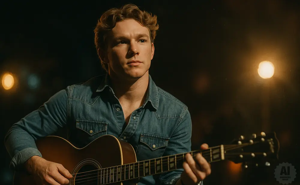 A man with wavy brown hair plays an acoustic guitar in dim lighting, wearing a denim shirt.