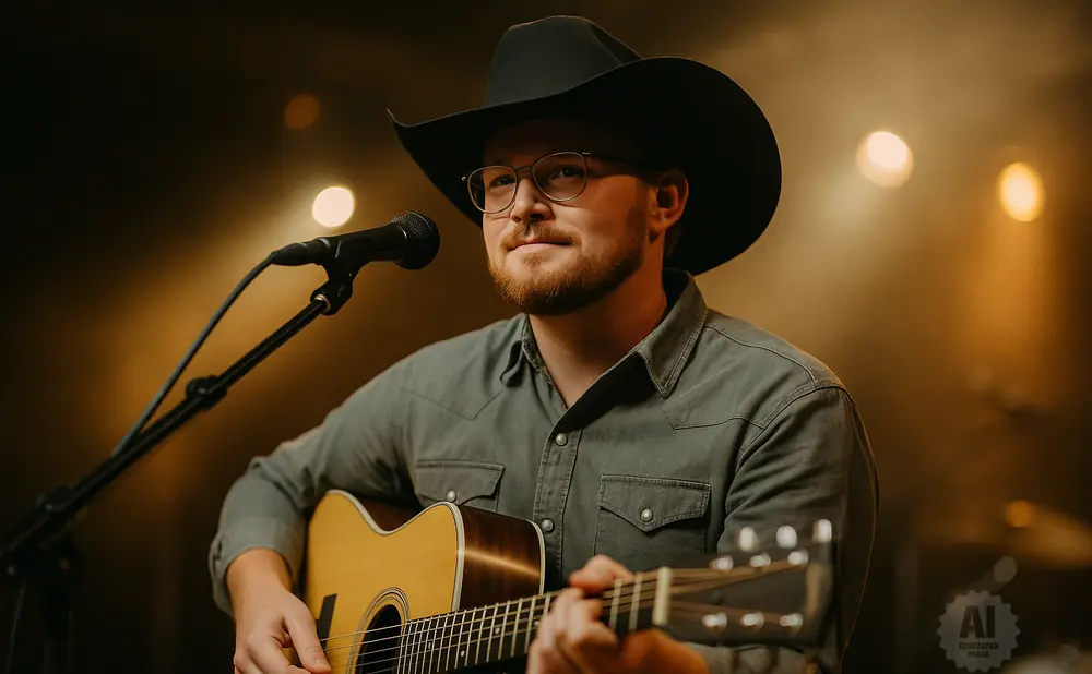 Man in a cowboy hat and glasses plays an acoustic guitar on stage, with spotlights in the background.