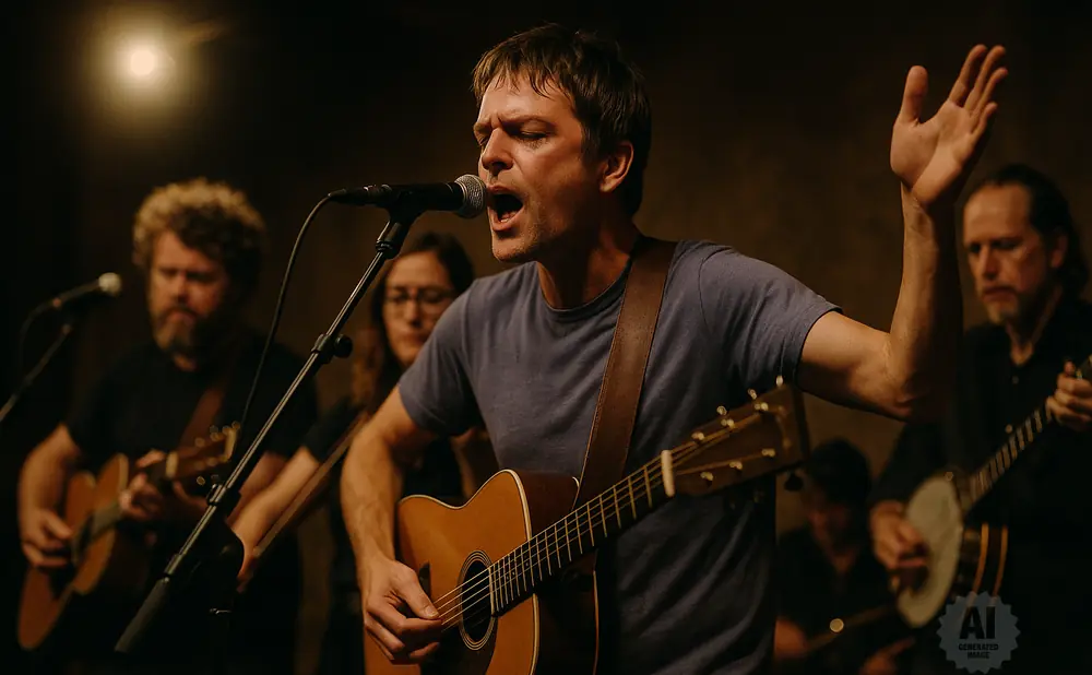 A male singer performs with his eyes closed and arm raised, playing an acoustic guitar in a band with blurred musicians behind him.