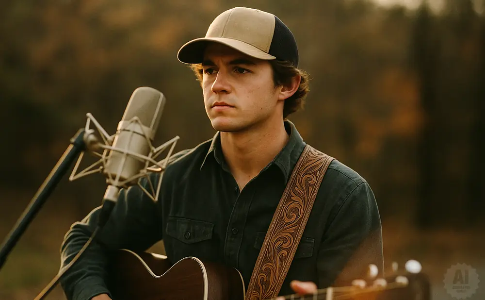 A young man wearing a baseball cap plays an acoustic guitar in front of a microphone outdoors.
