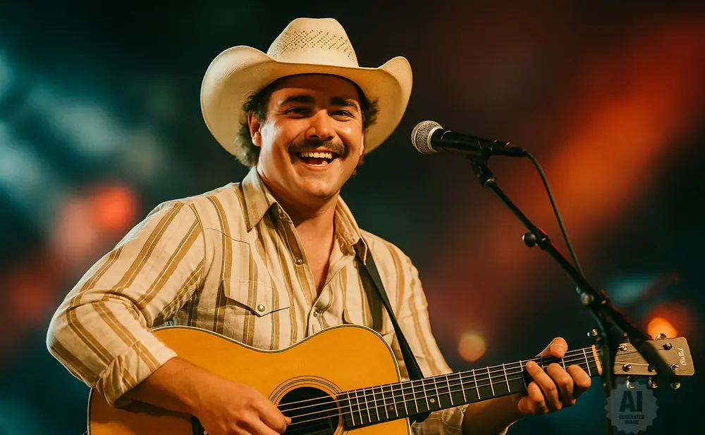 Man wearing a cowboy hat and a striped shirt plays an acoustic guitar and sings into a microphone.