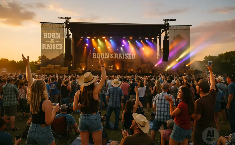 Crowd at an outdoor concert at sunset, hands raised, stage lights illuminating the 