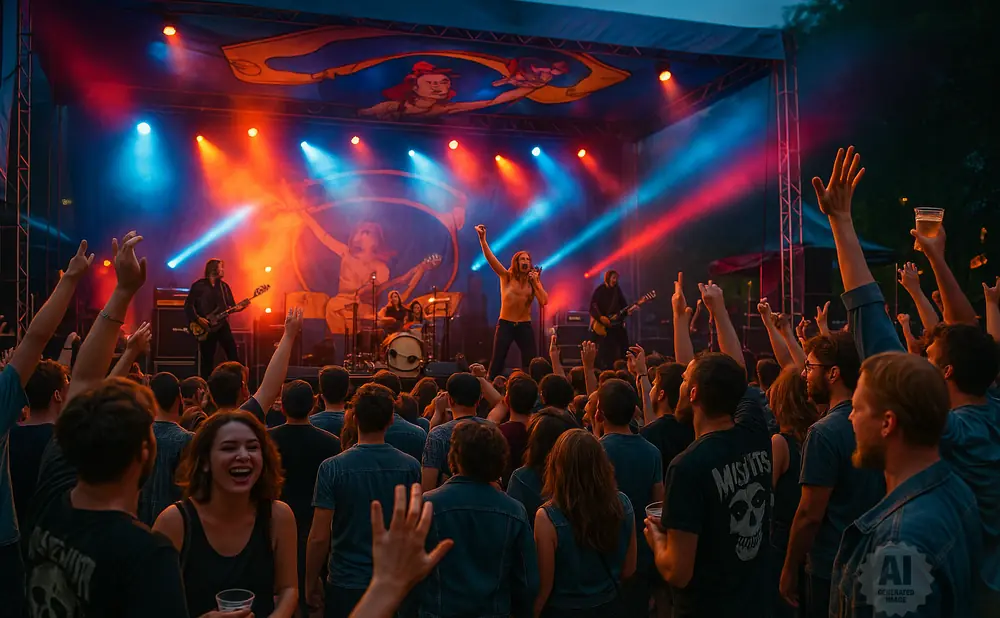 A band performs on a stage lit by red and blue lights to a cheering crowd with hands in the air.