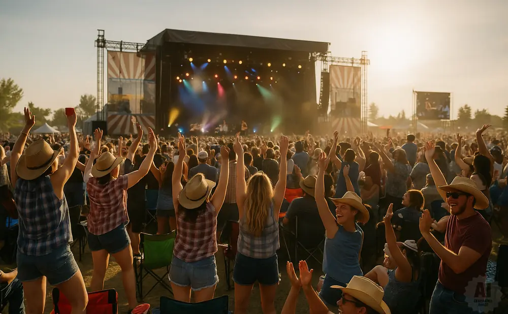 Festival-goers with hands raised watch a band perform on a stage at sunset.
