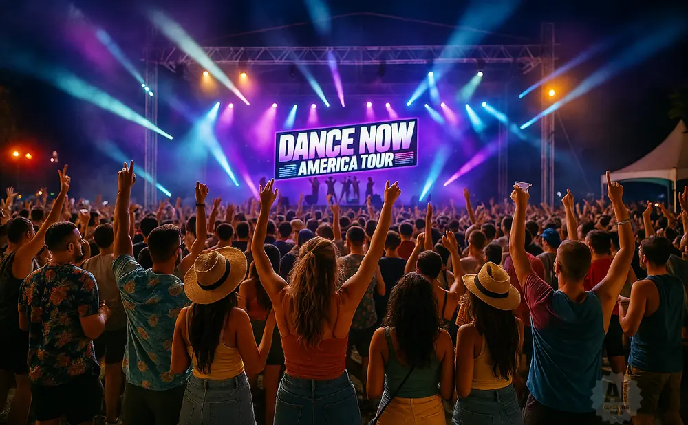 A crowd cheers at a concert with a 