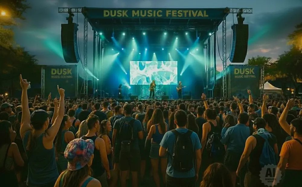 A crowded outdoor music festival at dusk, with a band performing on a brightly lit stage.