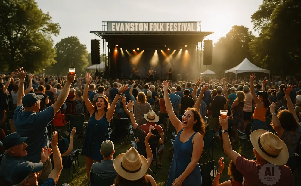 People cheering at the Evanston Folk Festival with hands in the air.