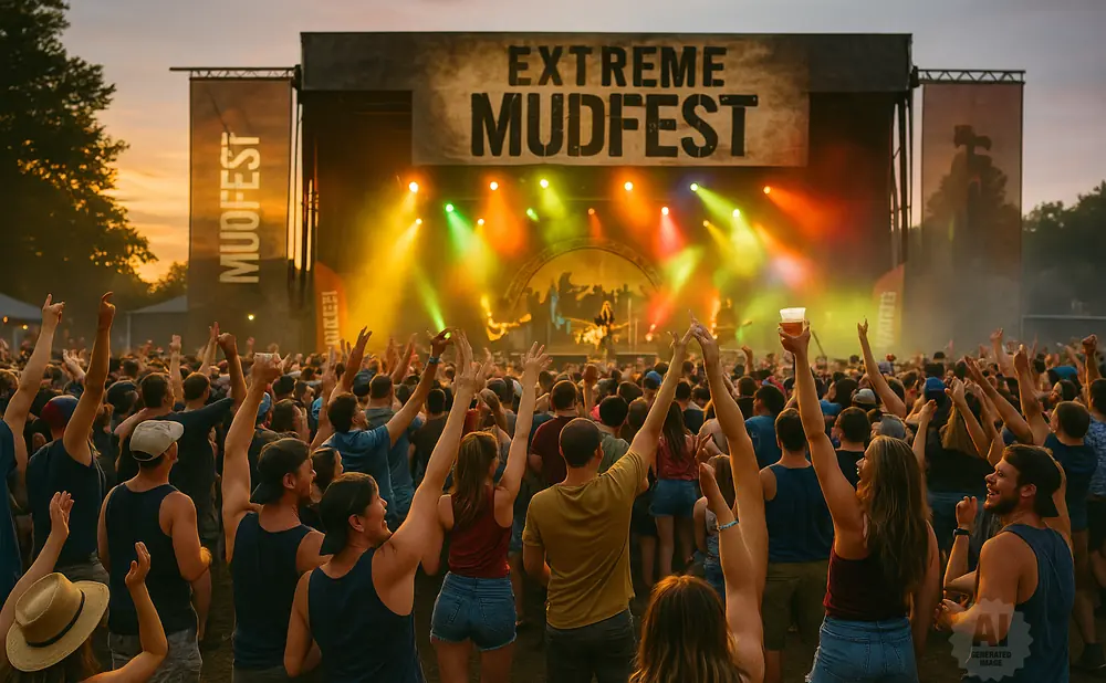 A crowd cheers at a music festival stage with 