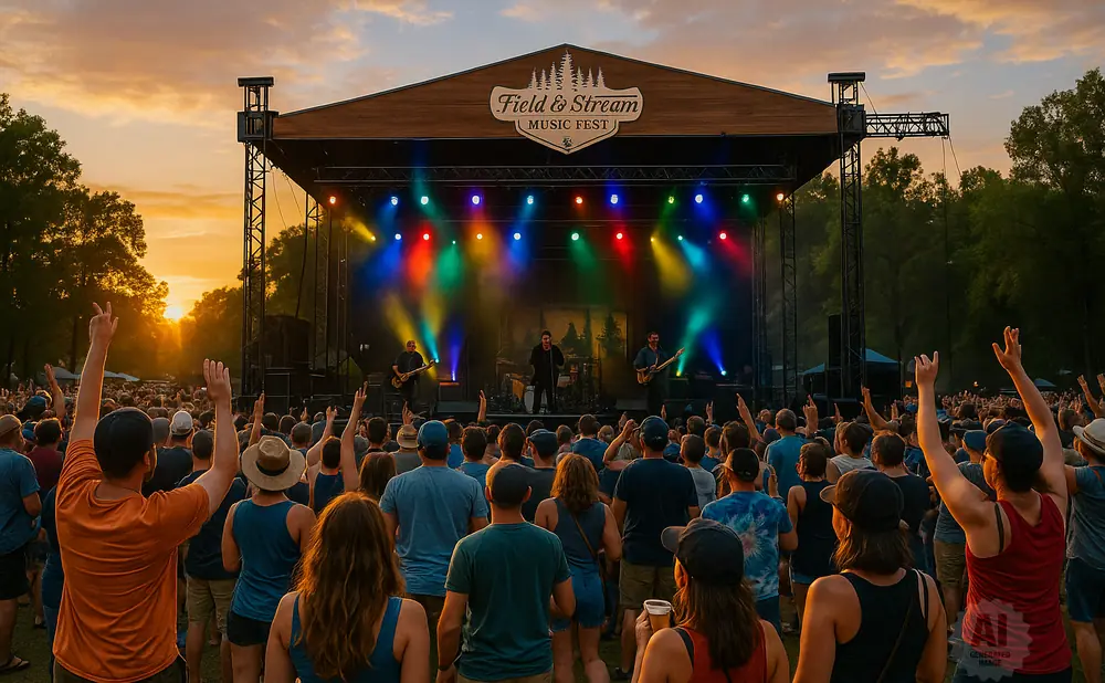 People at an outdoor concert watch musicians on a stage during a sunset.