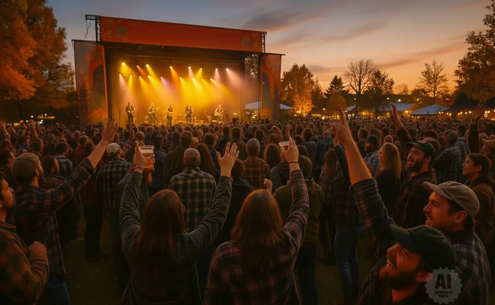 An outdoor concert at sunset with a large crowd watching a band on stage.