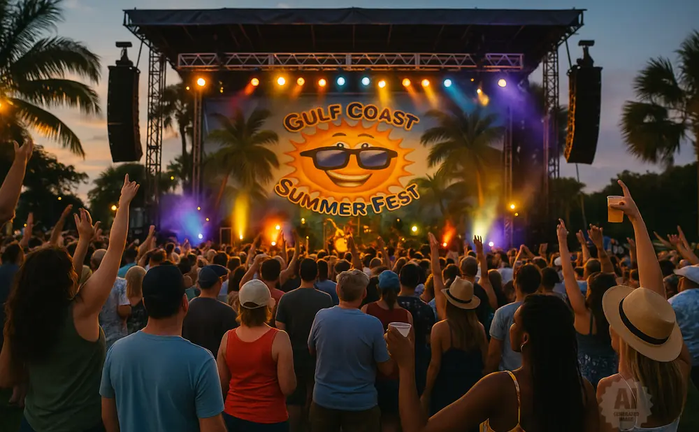 Crowd at Gulf Coast Summer Fest with hands raised, enjoying a concert at dusk.