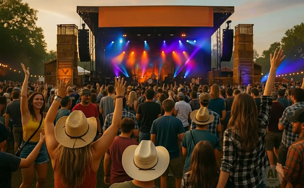 A crowd of people with arms raised enjoy a concert at sunset.