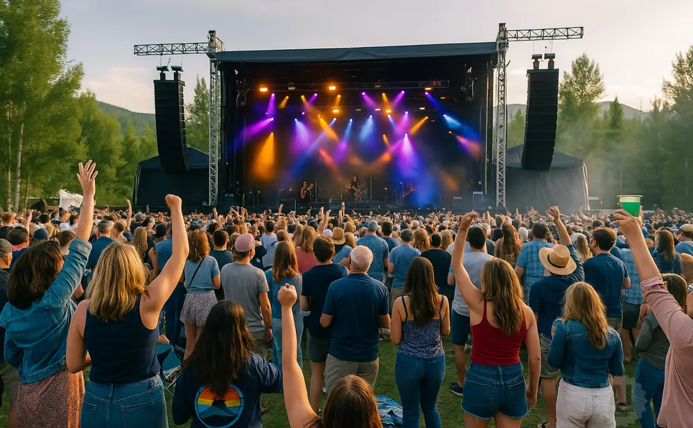People at an outdoor concert, facing a stage lit with purple and orange lights. Many hands are raised in the air.