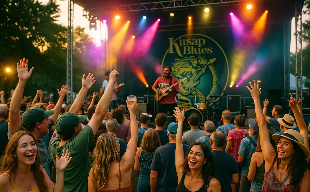 A diverse crowd cheers with raised hands at an outdoor concert, enjoying a blues band on stage.