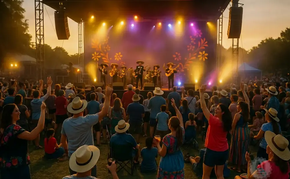 People enjoy a mariachi band performing on an outdoor stage at sunset, with colorful lights and decorations.