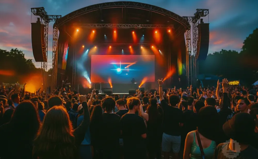 A crowd enjoys a concert at dusk, with a large screen and stage lights illuminating the scene.